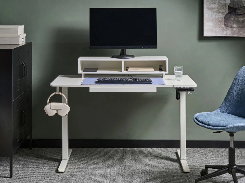 Scrivania regolabile elettricamente Piano bianco Struttura e gambe in acciaio 120 x 60 cm Stand and Sit Tappetino per mouse Design moderno