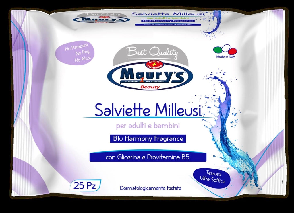 MAURY'S SALVIETTE DETERGENTI UMIDIFICATE MILLEUSI BLU HARMONY 25 PZ PER ADULTI E BAMBINI