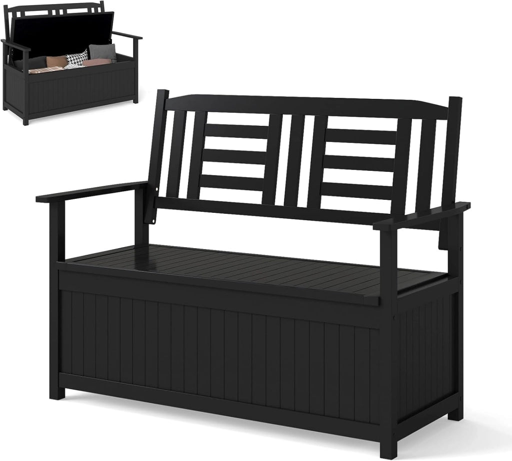 Panchina da Giardino con Contenitore di Legno, Cassapanca da Esterno 2 Posti con Schienale e Braccioli, Panca per Cortile e Ingresso, 123 x 68,5 x 96 cm (Bianco)