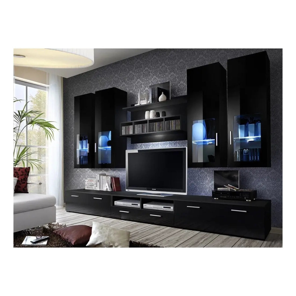 Composizione mobili TV design collezione LORA. Colori nero opaco e nero lucido.