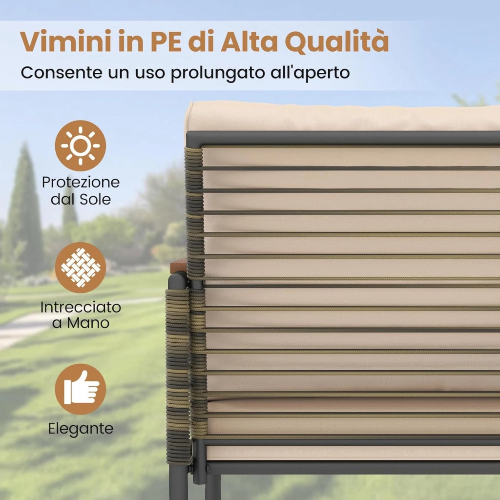 Set Conversazione da Esterno 5 Pezzi con Cuscini, Sedie in Rattan con 2 Pouf e Tavolino da Caffè in Vetro Temperato, Set di Mobili da Esterno per Balcone, Veranda, Terrazza e Giardino (Beige)