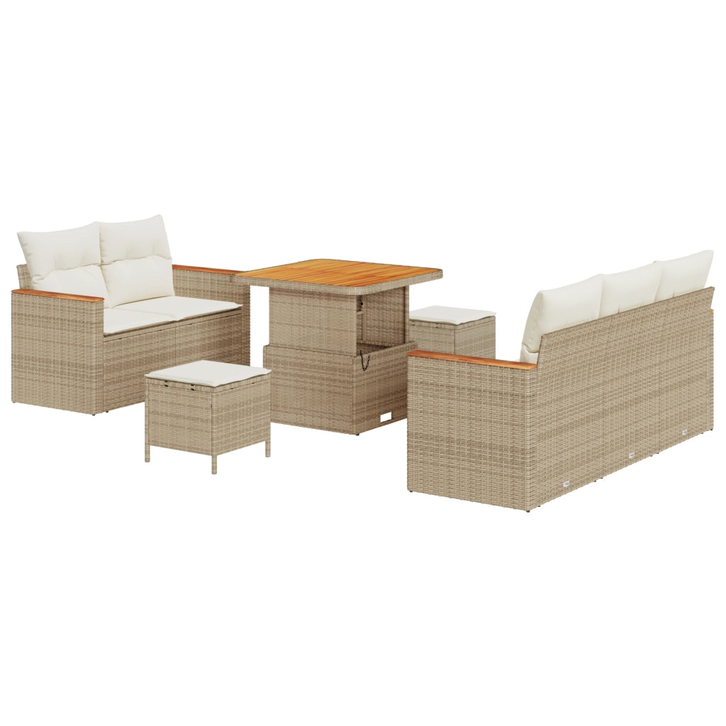 Set di Divano da Giardino 8 Pezzi con Cuscini Beige Polyrattan Acacia