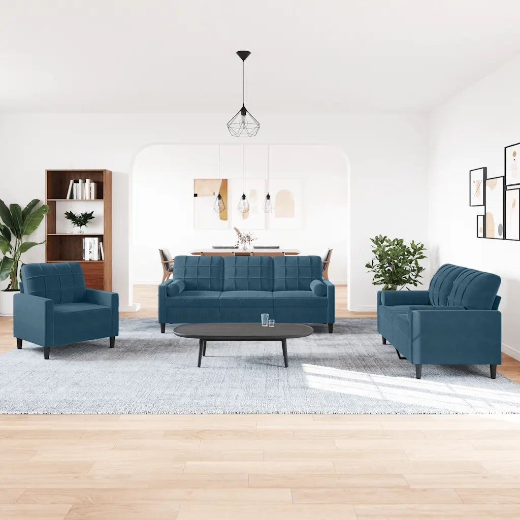 vidaXL Set di Divani 3 pz con Cuscini e Rinforzi Blu in Velluto