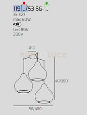 SOSPENSIONE CROMO 3 LUCI SPOSTABILE VETRI GRANDI RUBINO 1191CR-S3 SG-RU