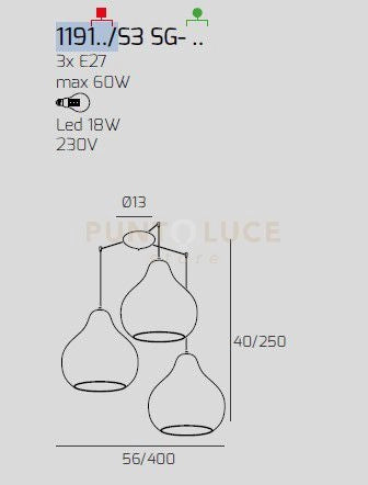 SOSPENSIONE CROMO 3 LUCI SPOSTABILE VETRI GRANDI RUBINO 1191CR-S3 SG-RU