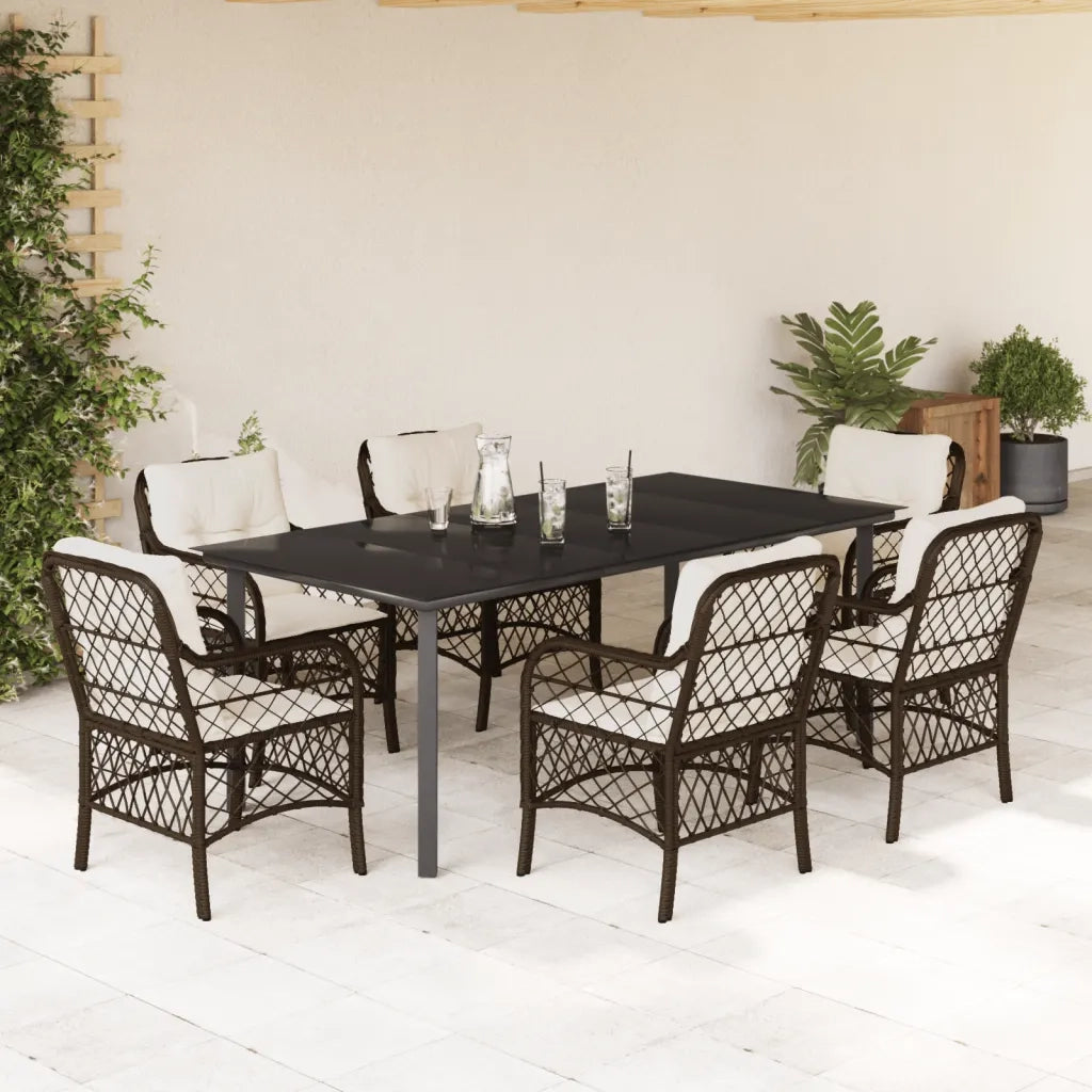 Set da Pranzo da Giardino 7pz con Cuscini in Polyrattan Marrone