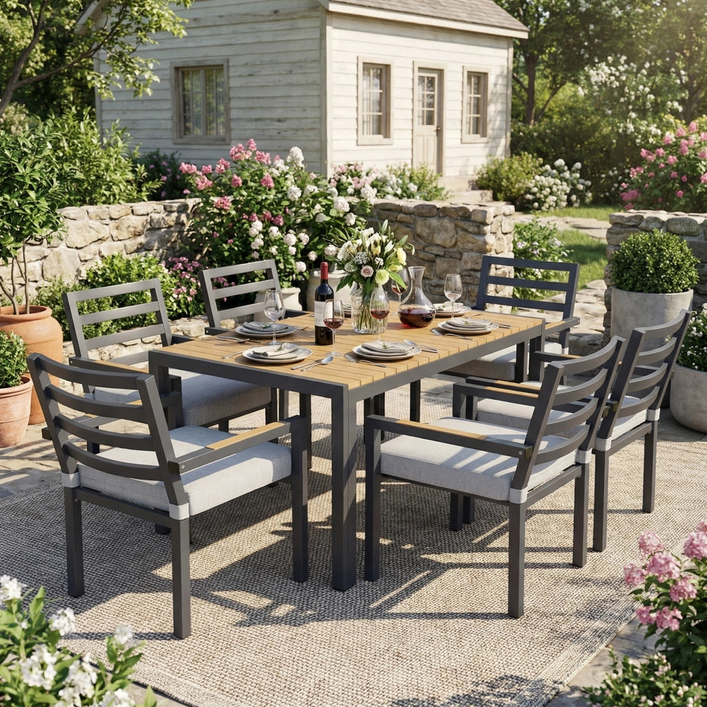 Set da Pranzo da Giardino 6 Posti ¨C MINIMAL ¨C Tavolo e 6 Sedie, Ferro Zincato, Piano Grigio