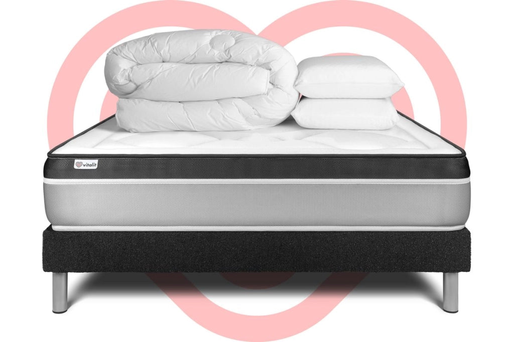 Pacchetto letto completo - Materasso 140x190cm + Box spring con doghe (in kit) + 2 cuscini + Piumino - Vital Ergo