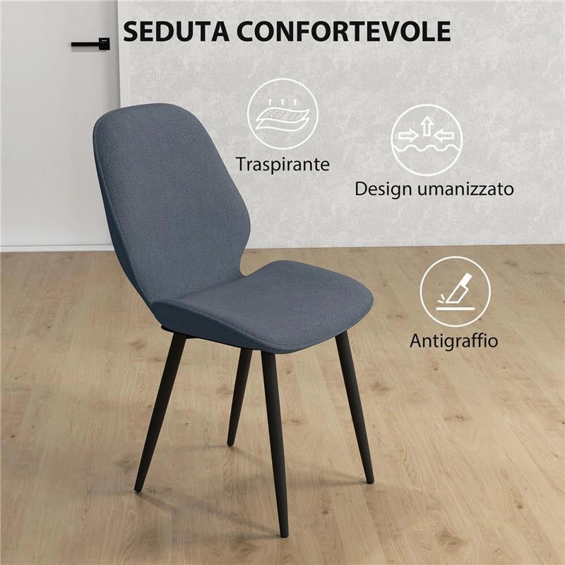 SET 2 SEDIE DA PRANZO CON SCHIENALE RICURVO, IN TESSUTO EFFETTO LINO, SCHIUMA E ACCIAIO, 46X56X86 CM, GRIGIO E NERO