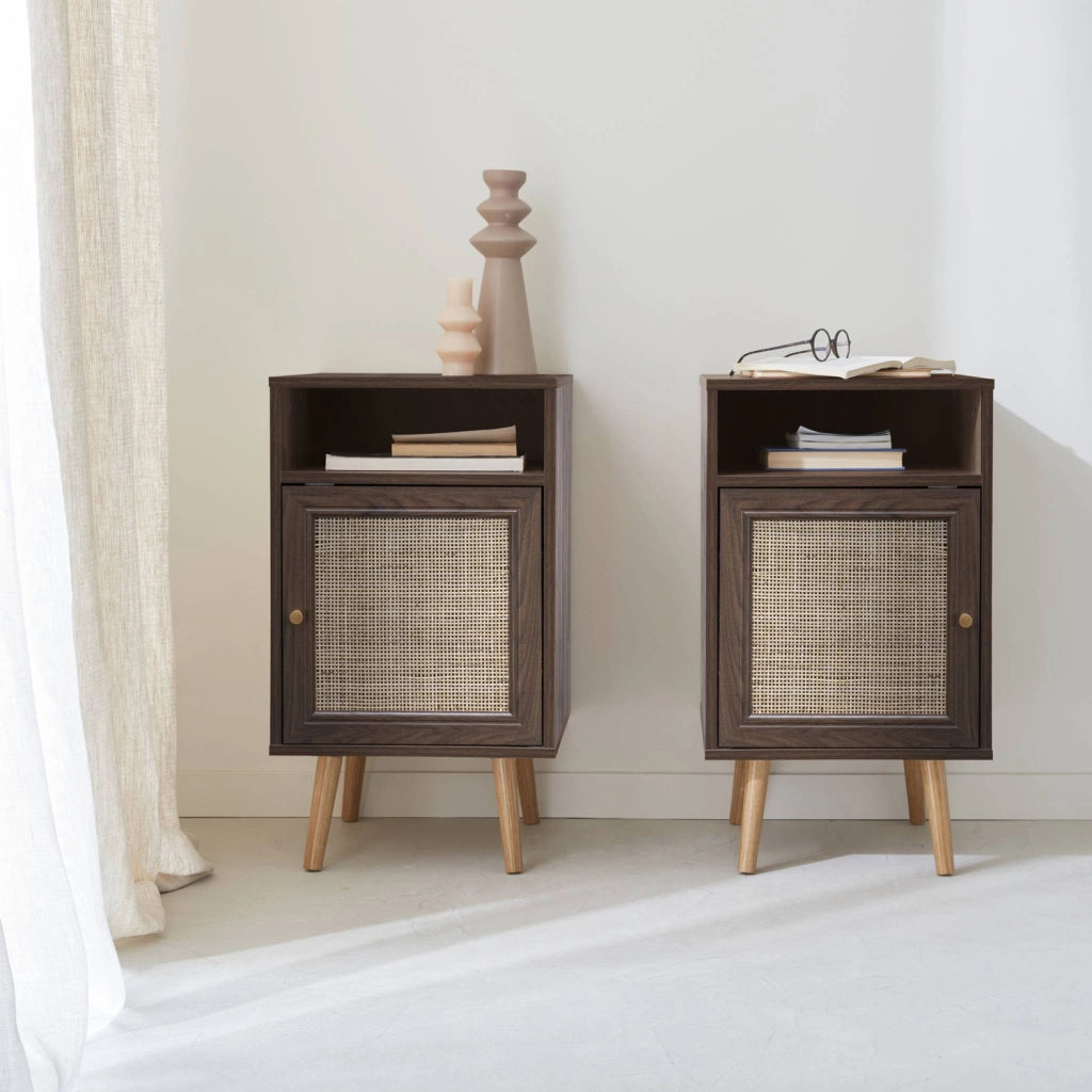 Set 2 comodini scandinavi in intrecciatura cannage, marrone scuro