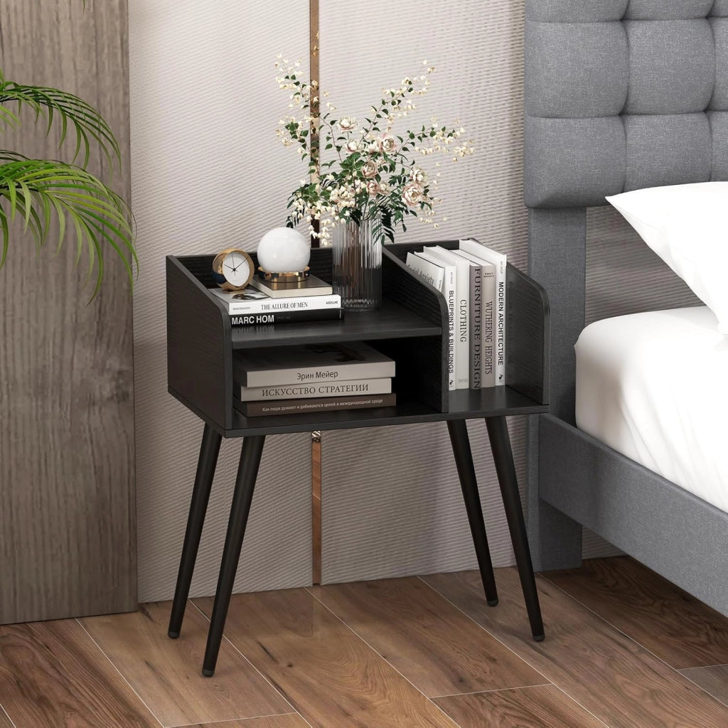 Set di 2 comodini, comodino con 3 scomparti aperti, tavolino in legno con 4 gambe di supporto in metallo, comodino per soggiorno, camera da letto, 50 x 32 x 58 cm (antracite)