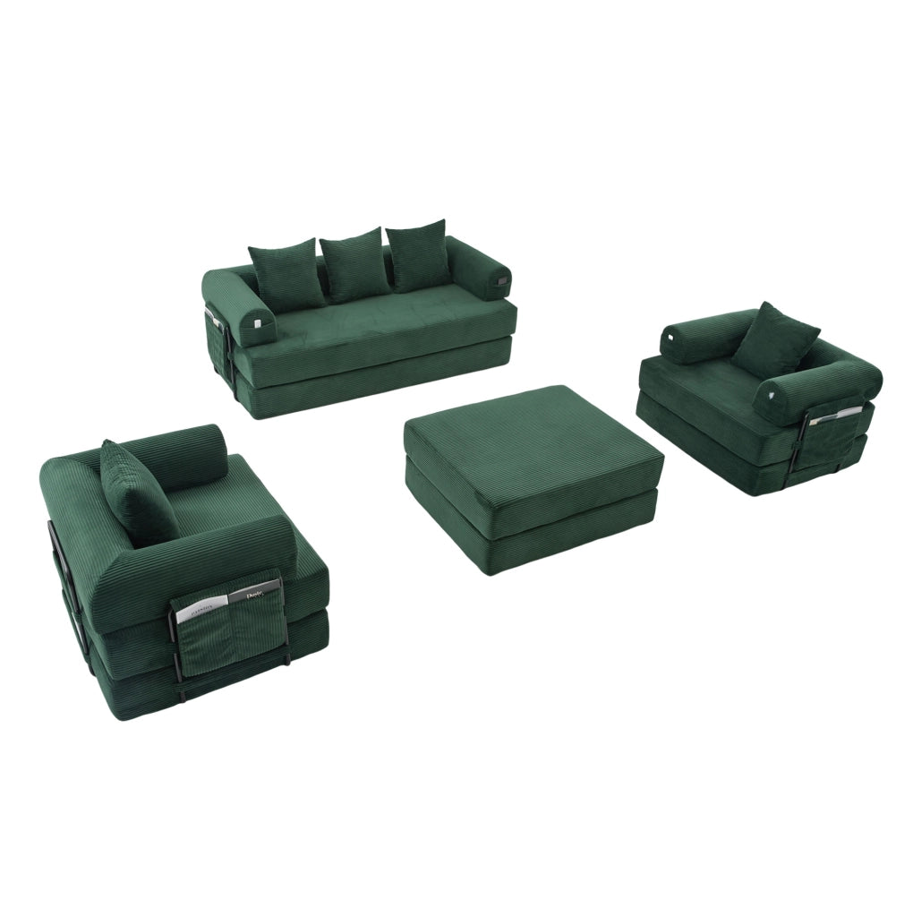 Divano modulare in corduroy verde smeraldo con pouf; 200x94x67 cm
