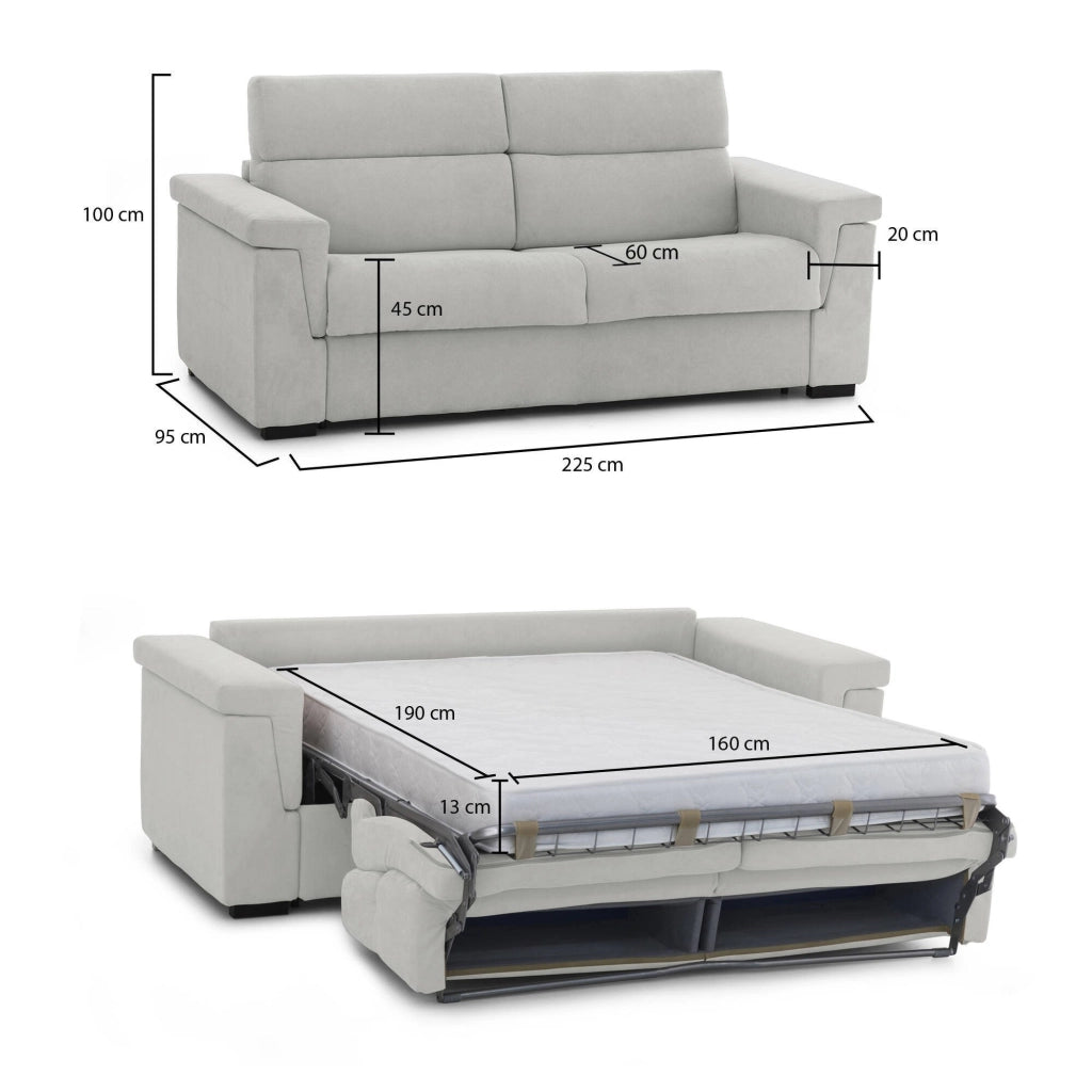 Nus, Divano Letto 3 Posti Sfoderabile Made in Italy, 225x95 cm Grigio Chiaro