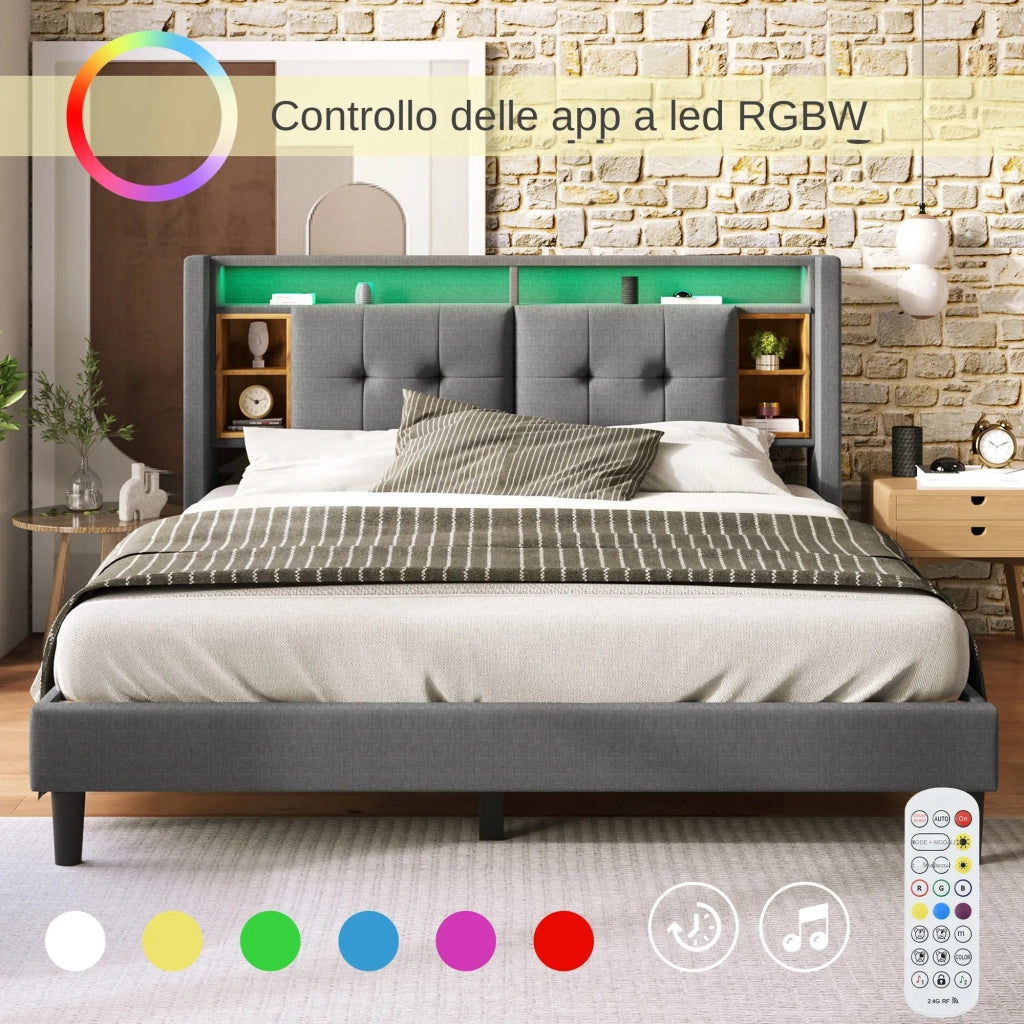 Letto matrimoniale imbottito 160x200 cm con LED; USB; presa; testiera contenitore e rete; grigio
