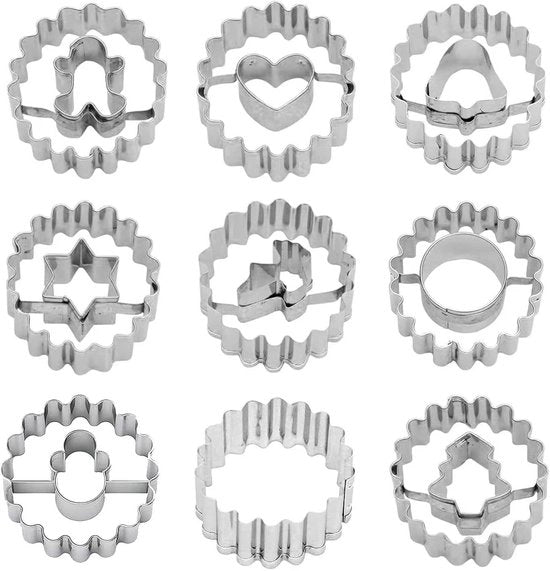 Set di stampi per biscotti natalizi, 9 pezzi di stampi per biscotti natalizi, mini stampi per biscotti in acciaio inossidabile, set di stampi per Linzer biscotti, piccoli stampi per biscotti natalizi per decorazioni di torte e dolci al cioccolato