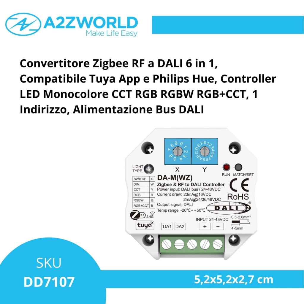 Convertitore Zigbee RF a DALI, Compatibile con Tuya APP e Philips Hue, Controller 6 in 1 per Monocolore CCT RGB RGBW RGB+CCT, 1 Indirizzo, Alimentazione Da Bus 15mA@16VDC o 2mA@24VDC