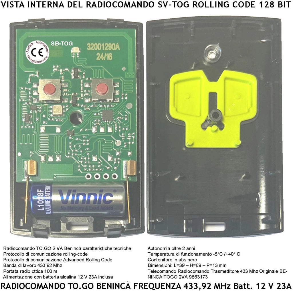 Radiocomando TO.GO 4 Canali 2 Trasmettitori Freq. 433,92 MHz Portata Radio 60/100 MT Codice Advanced Rolling Code 128 Bit Batteria 12V 23A Contenitore ABS Nero Tasti Gialli Comando Automatismo Benincà