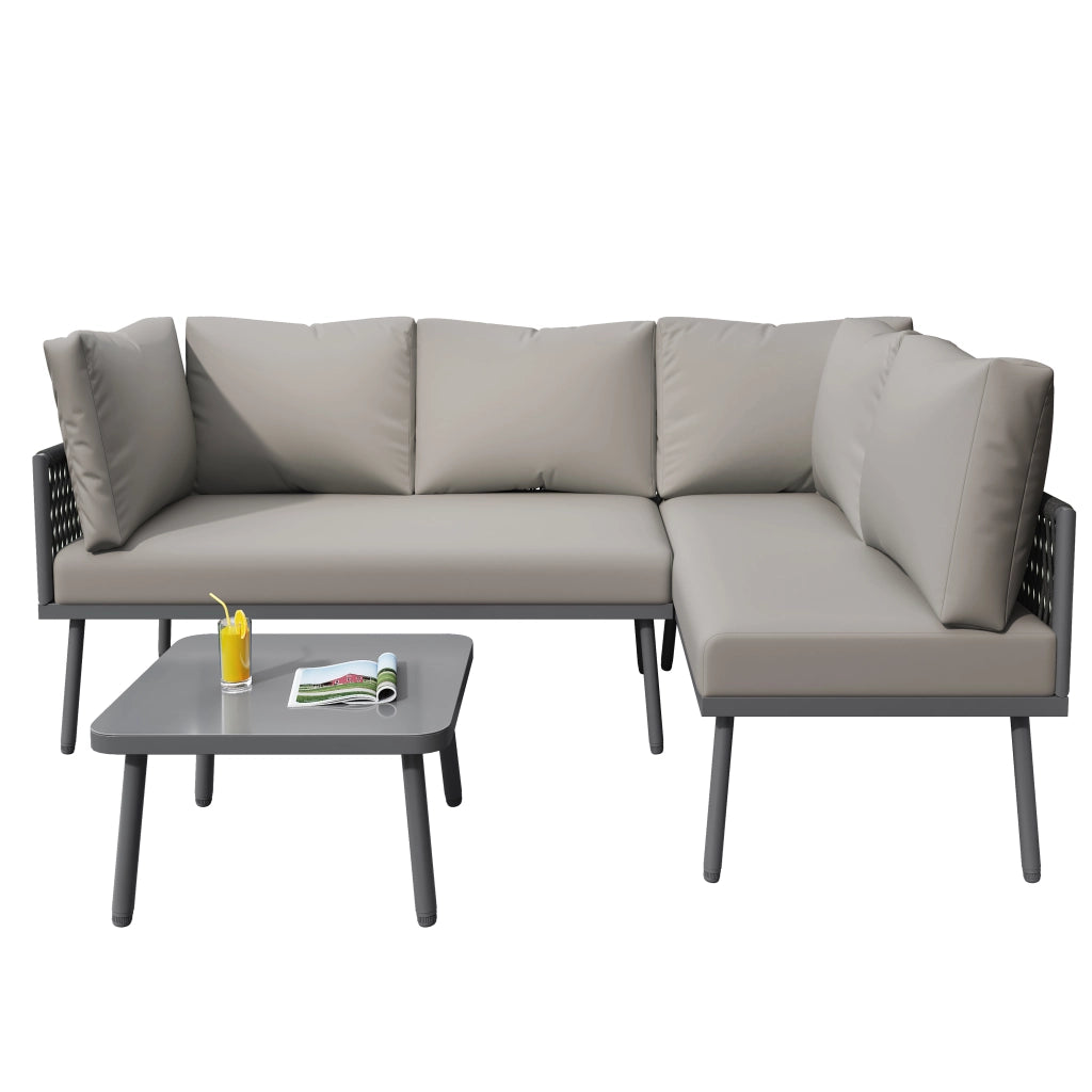 Set Lounge da Giardino Angolare ¨C MINIMAL ¨C Divano 2 Posti, Tavolo, Corda Grigia, Cuscini