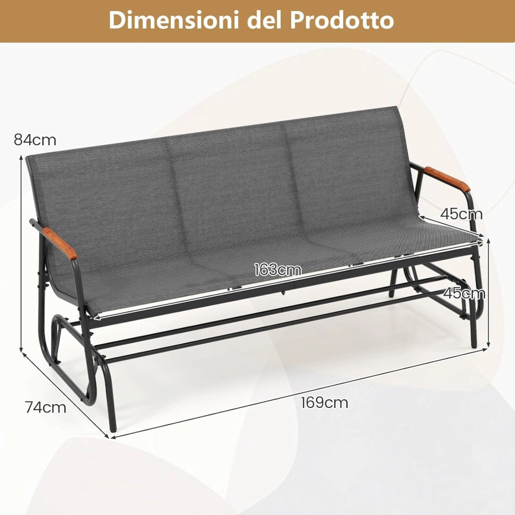 Panca a Dondolo da Esterno, Panchina a 2/3 Posti da Giardino con Movimento Oscillante, Braccioli Curvi in Legno, Sedia a Dondolo per Veranda, Giardino, Portata 300KG/450KG (Grigio, 3 Posti)