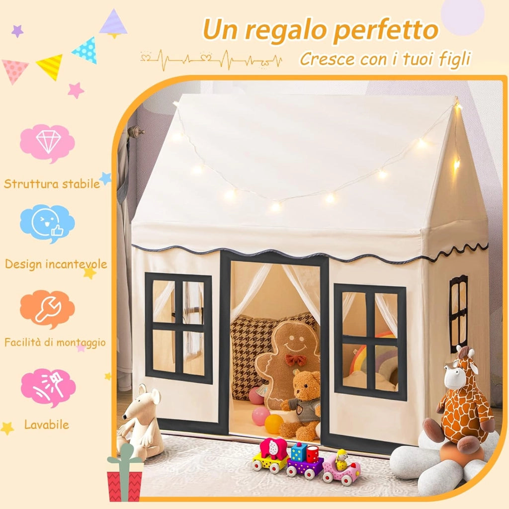 Tenda da Gioco per Bambini con Luci a Stella, Tappetino in Velluto Lavabile e Antiscivolo, Finestre e Tende a Rete, Ideale per Interni ed Esterni per Bambini 3 Anni + (Beige)