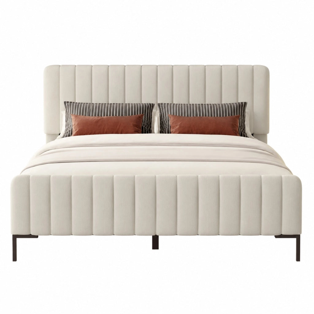 Letto imbottito matrimoniale 180x200 cm, testiera regolabile, struttura in legno e metallo, grigio-beige