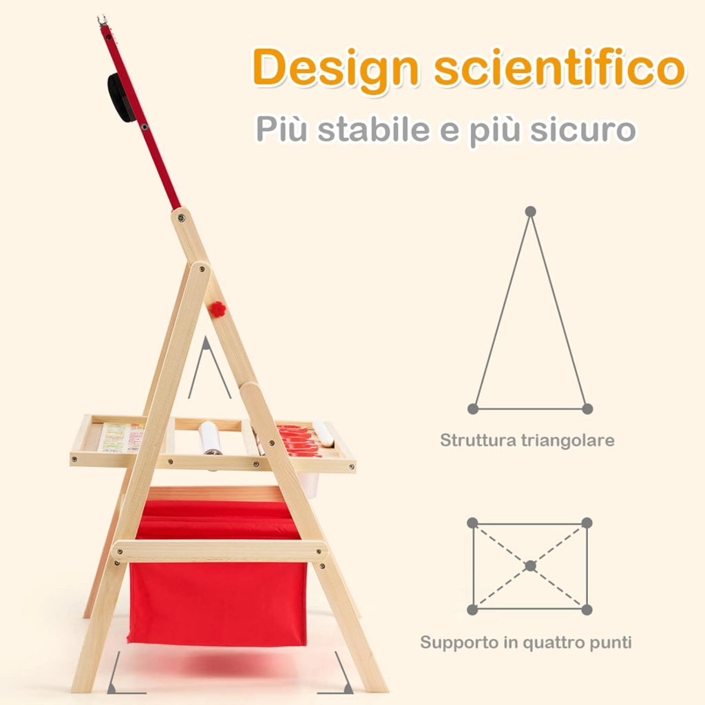 Cavalletto per Bambini 3 in 1, Lavagna Bifacciale, Cavalletto per Disegnare, con Rotolo di Carta, Magnetica, Accessori Completi, in Legno (52,5x51,5x106,5cm)