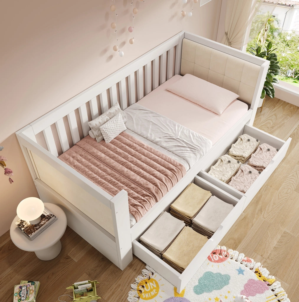 Letto da giorno 90x200 cm con 2 cassetti; bianco; in pino e compensato