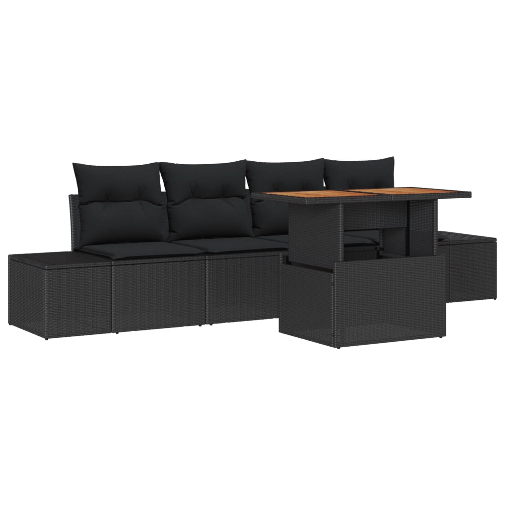 Set da pranzo da giardino a 5 pezzi con cuscini in polyrattan e acacia nera
