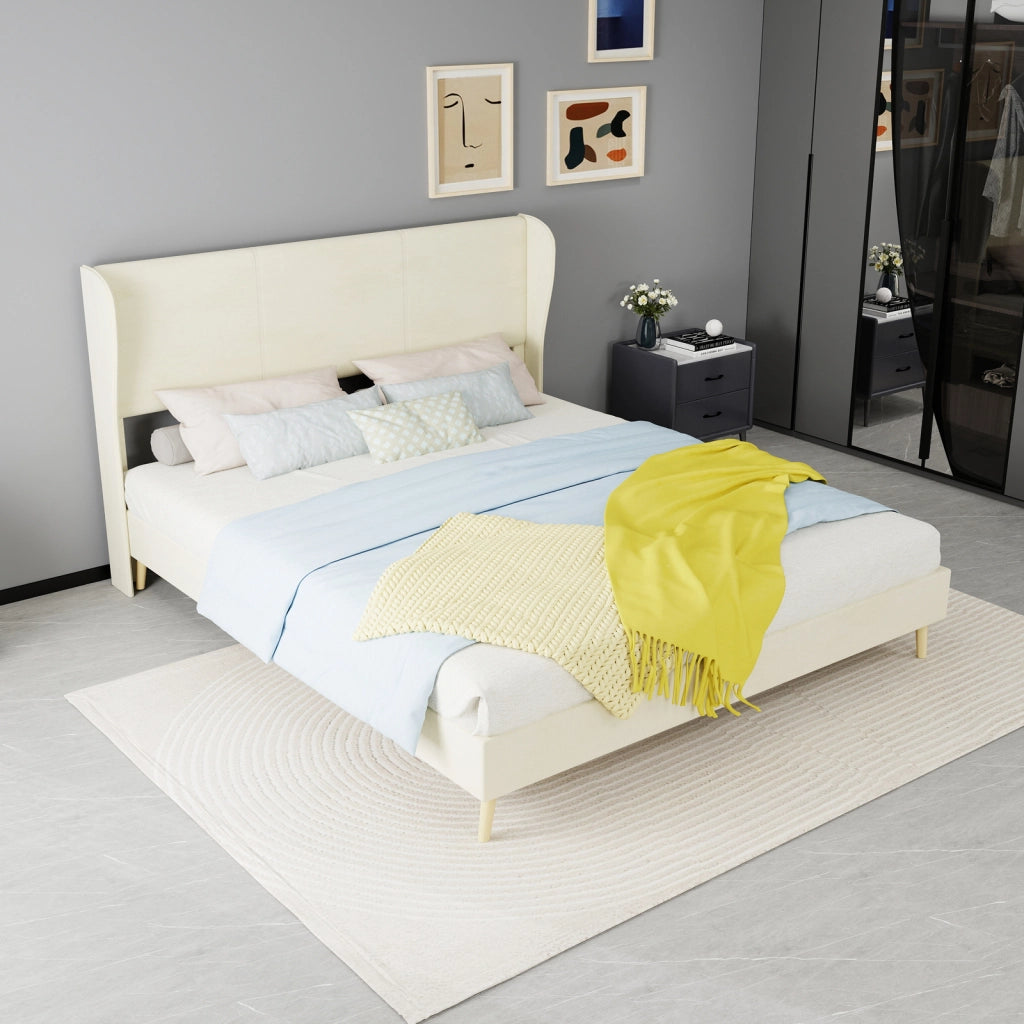 Letto matrimoniale imbottito 160x200 cm con testiera morbida; beige e struttura moderna
