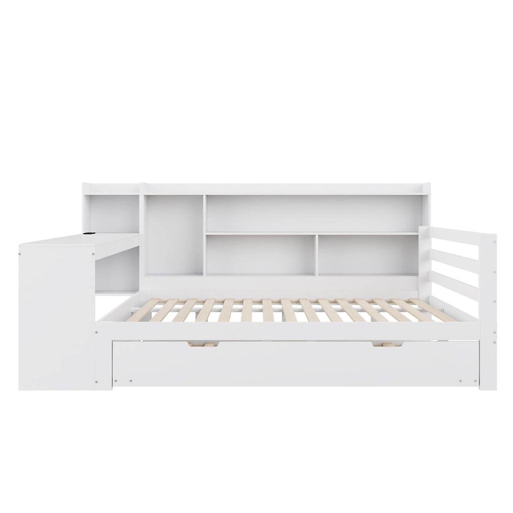 OKWISH Letto Divano 140×200 cm, Letto Matrimoniale con Letto Estraibile, Scrivania, Scaffali, USB e Prese, senza Materasso, in Legno, Bianco