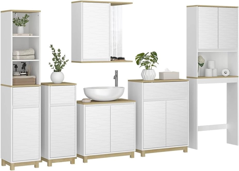 Set di mobili da bagno Livia, Bianco/quercia, 60 cm, composto da armadietto a specchio, base lavabo, 2x colonne medie, colonna alta e mobile WC