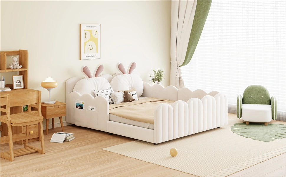 Letto imbottito con cuscino a coniglio, 140x200 cm, beige