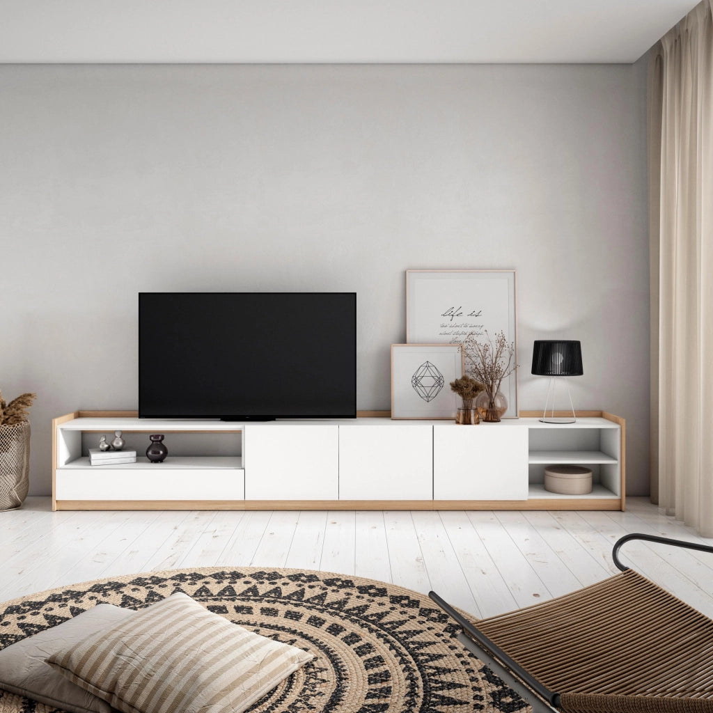 Mobile TV Soggiorno, 310x50x37 cm, Per TV fino a 80", Mobile Soggiorno, Bianco e Rovere soft
