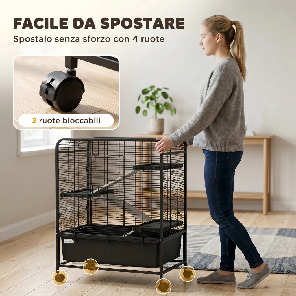 Gabbia per Conigli in Acciaio a 4 Livelli con Piattaforme. Rampe. Ruote. Serbatoio Acqua e Vassoio Rimovibile. Nero