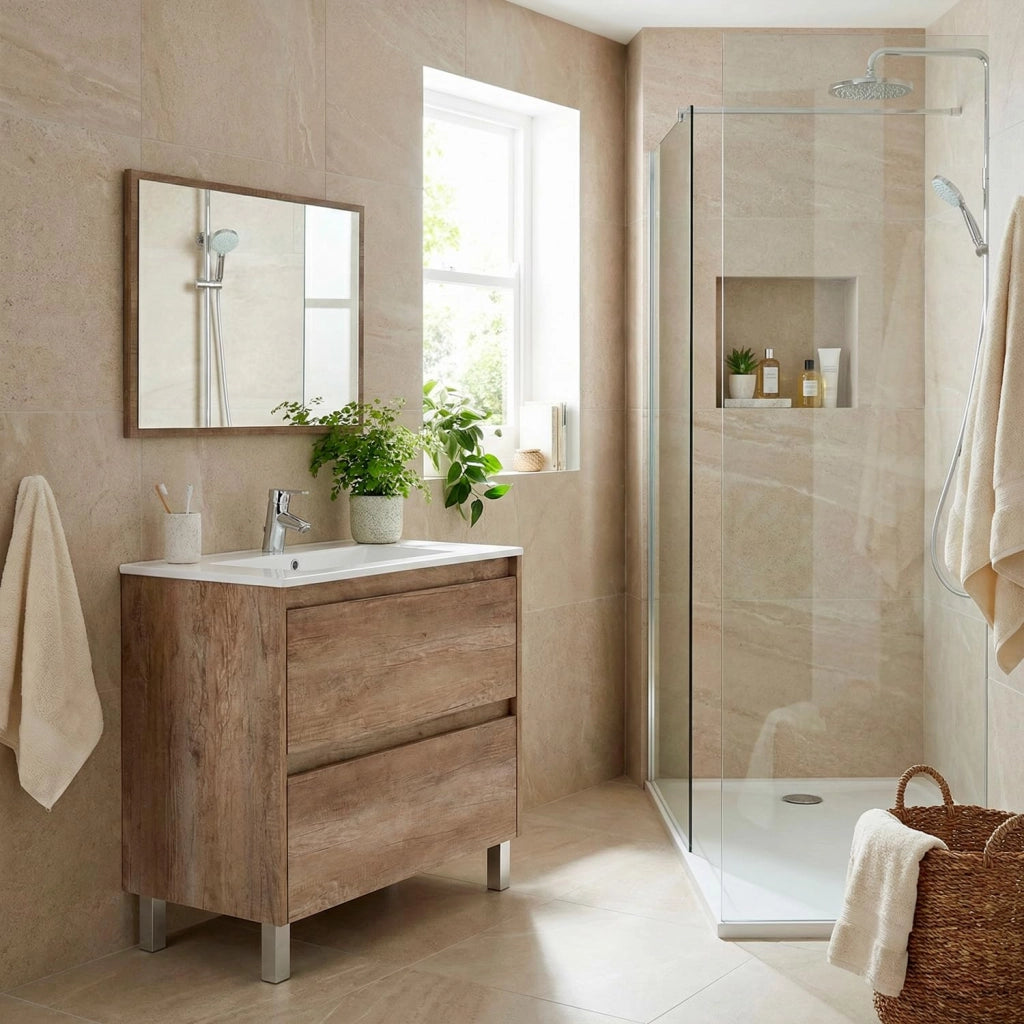 Mobile Bagno Con Lavandino In Ceramica E Specchio Abbinato 2 Cassettoni Ammortizzati Stile Essenziale 80 x 45 x 80 Cm Finitura Quercia