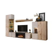 Set da salotto ERINA – Vetrina, mobile TV con camino a bioetanolo, mensola da parete e buffet alto – Rovere chiaro e beige
