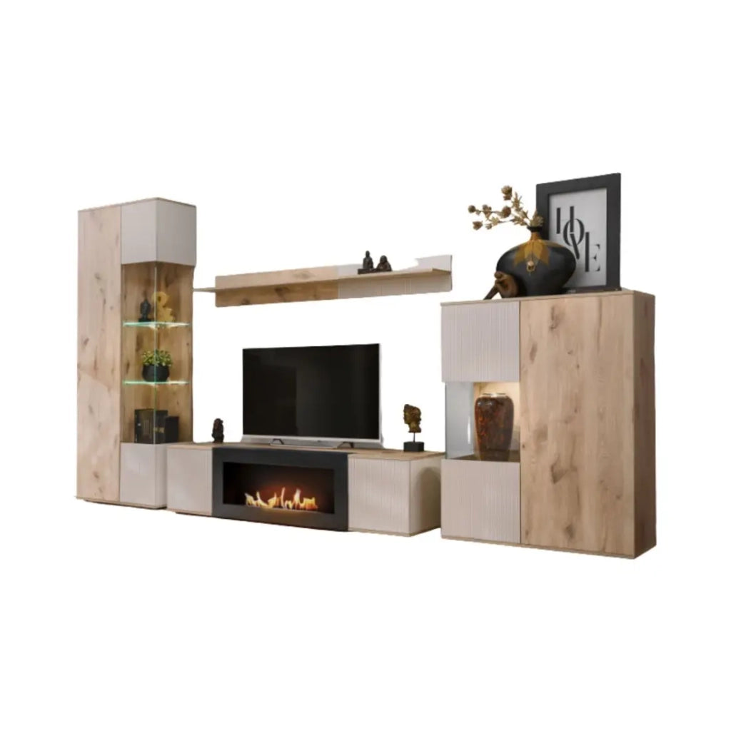 Set da salotto ERINA – Vetrina, mobile TV con camino a bioetanolo, mensola da parete e buffet alto – Rovere chiaro e beige