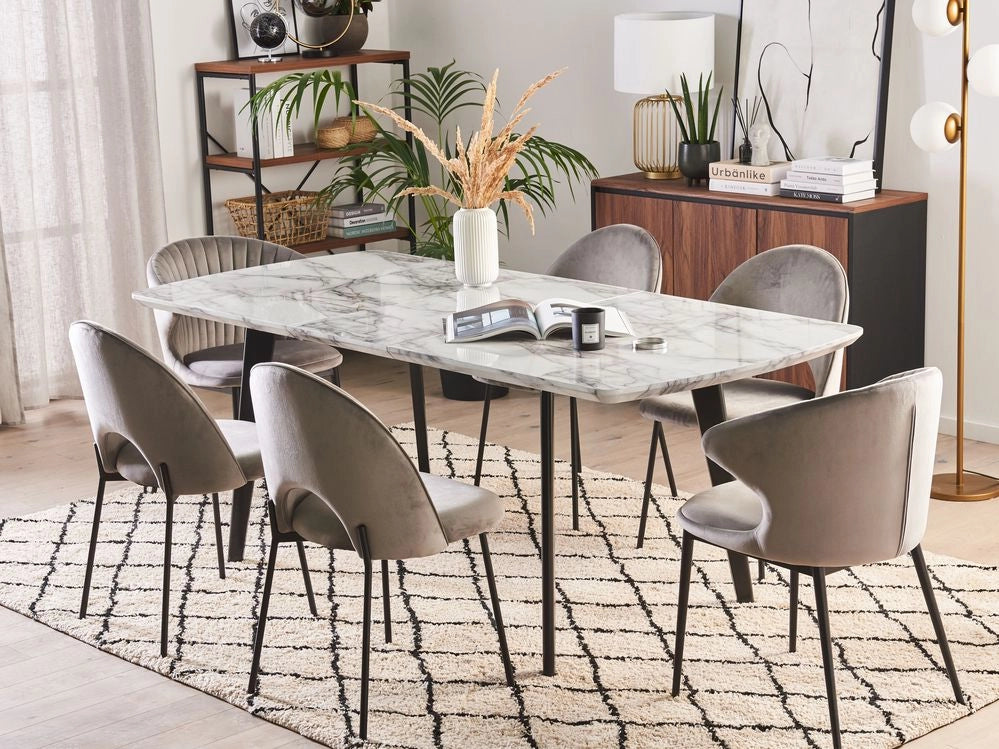 Tavolo da Pranzo Effetto Marmo MDF Gambe in Ferro Nero Piano Allungabile Rettangolare 160/200 x 90 cm