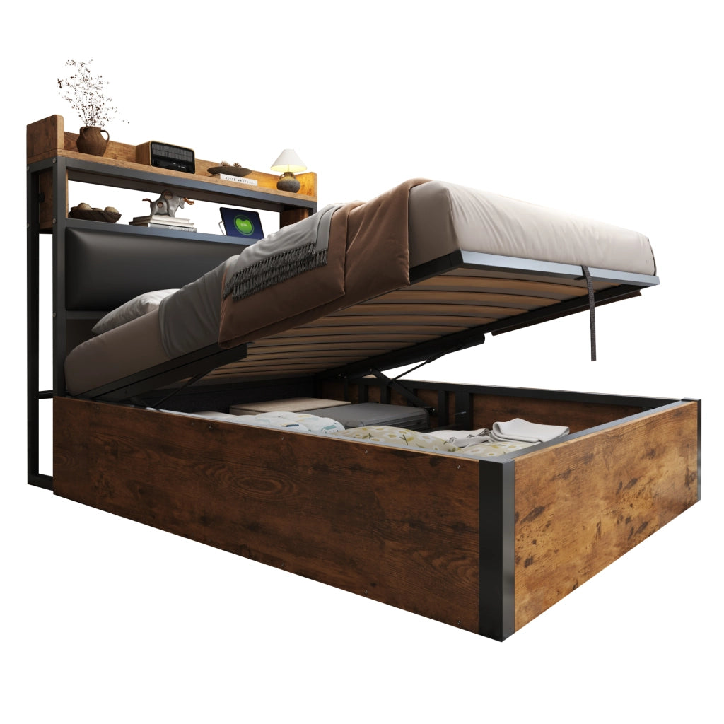 Letto singolo 90×200 cm con contenitore idraulico; USB e testiera imbottita; senza materasso; nero