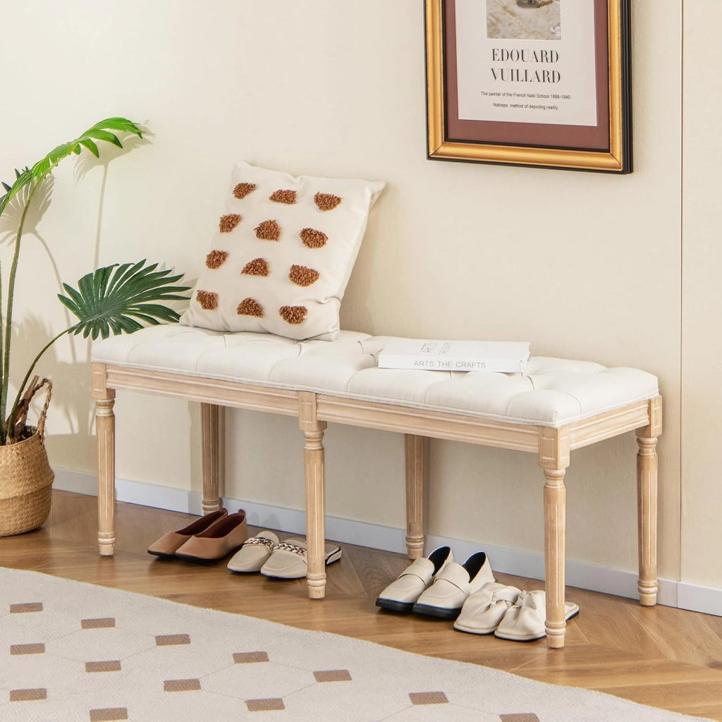 Panca d'Ingresso Vintage Francese, Panca da Pranzo Imbottita da 120 cm con Gambe in Legno di Gomma Massiccio, Sedia Pouf Capitonné a Fine Letto per Ingresso, Soggiorno e Camera da Letto