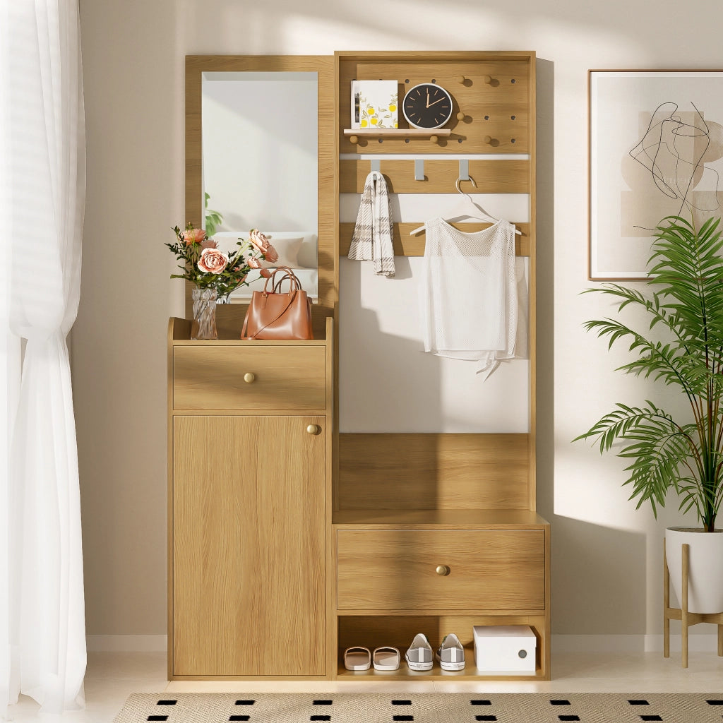 Mobile Ingresso con 2 Cassetti; 1 Armadio e Ripiani; con Specchio e Ganci Regolabili; Stile Moderno; in Pannello truciolare; Legno; 105??38??180 cm