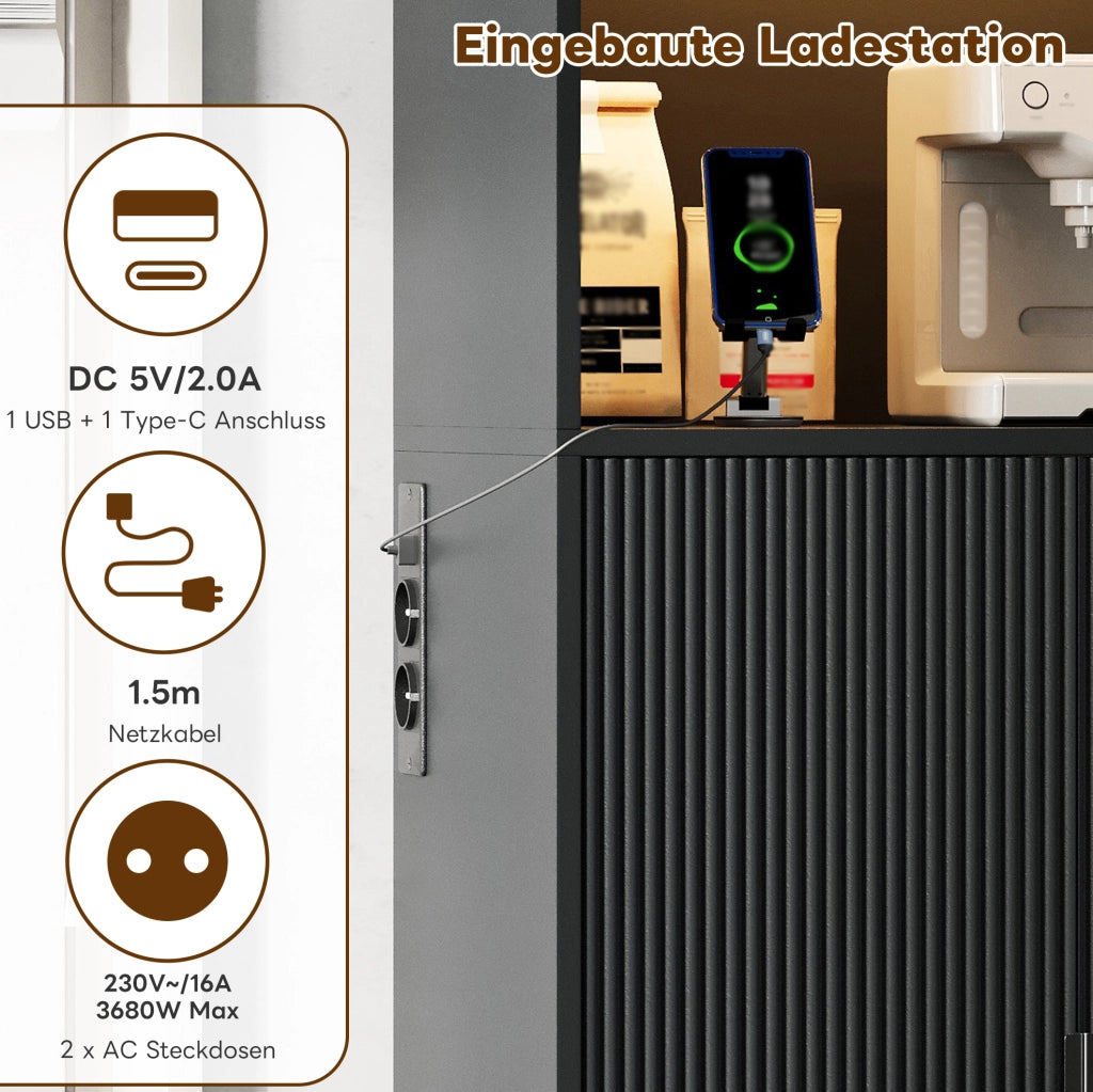 Mobile da cucina 105x40x180 cm con 3 cassetti; LED multicolore e prese USB-C; nero
