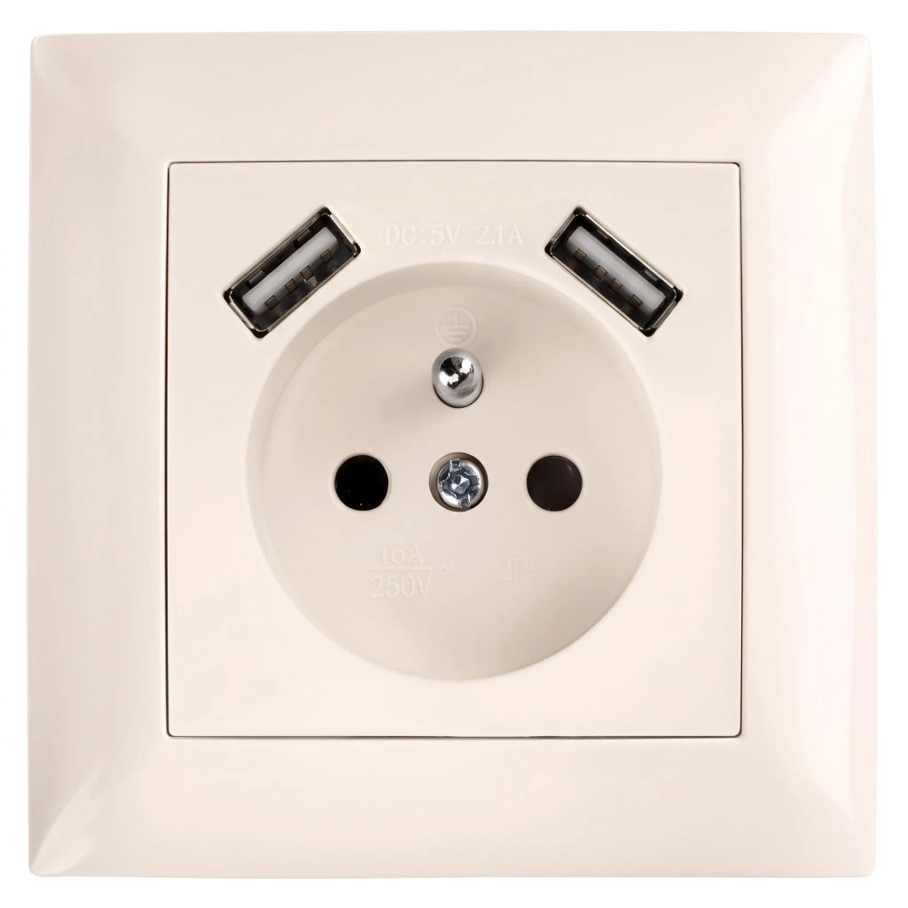 Presa Singola Con Messa A Terra + 2x Usb-a Oste Jnh003-g Beige
