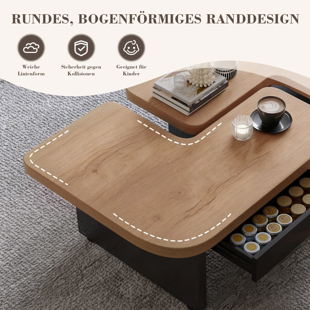 Tavolini da Salotto Impilabili con 2 Cassetti; LED e Piedini Regolabili; Stile Moderno; in MDF; Naturale e Nero