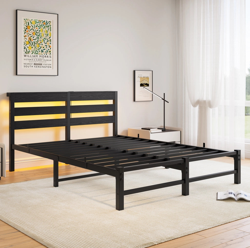Letto matrimoniale 140x200 cm in metallo e legno nero con LED RGB; USB e vano sottoletto