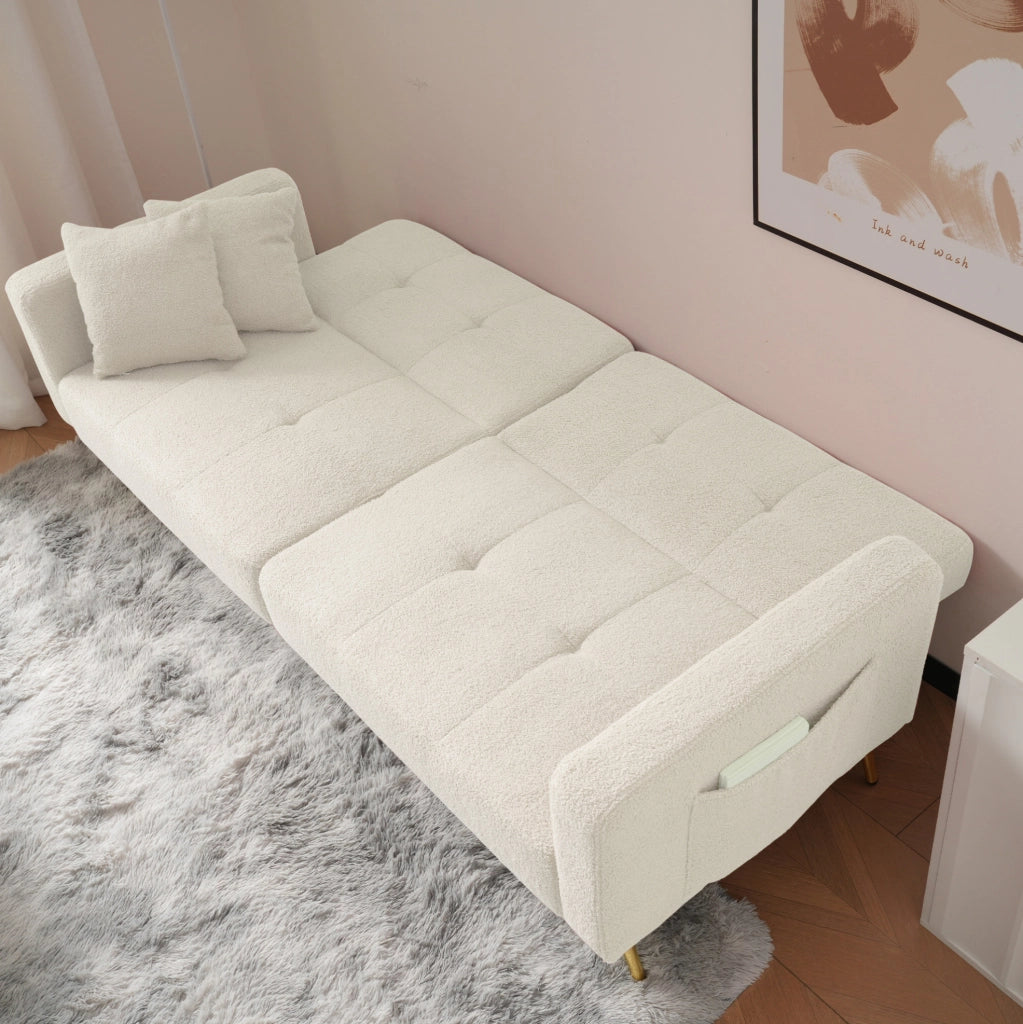 Divano letto bianco regolabile con gambe dorate e tasche laterali