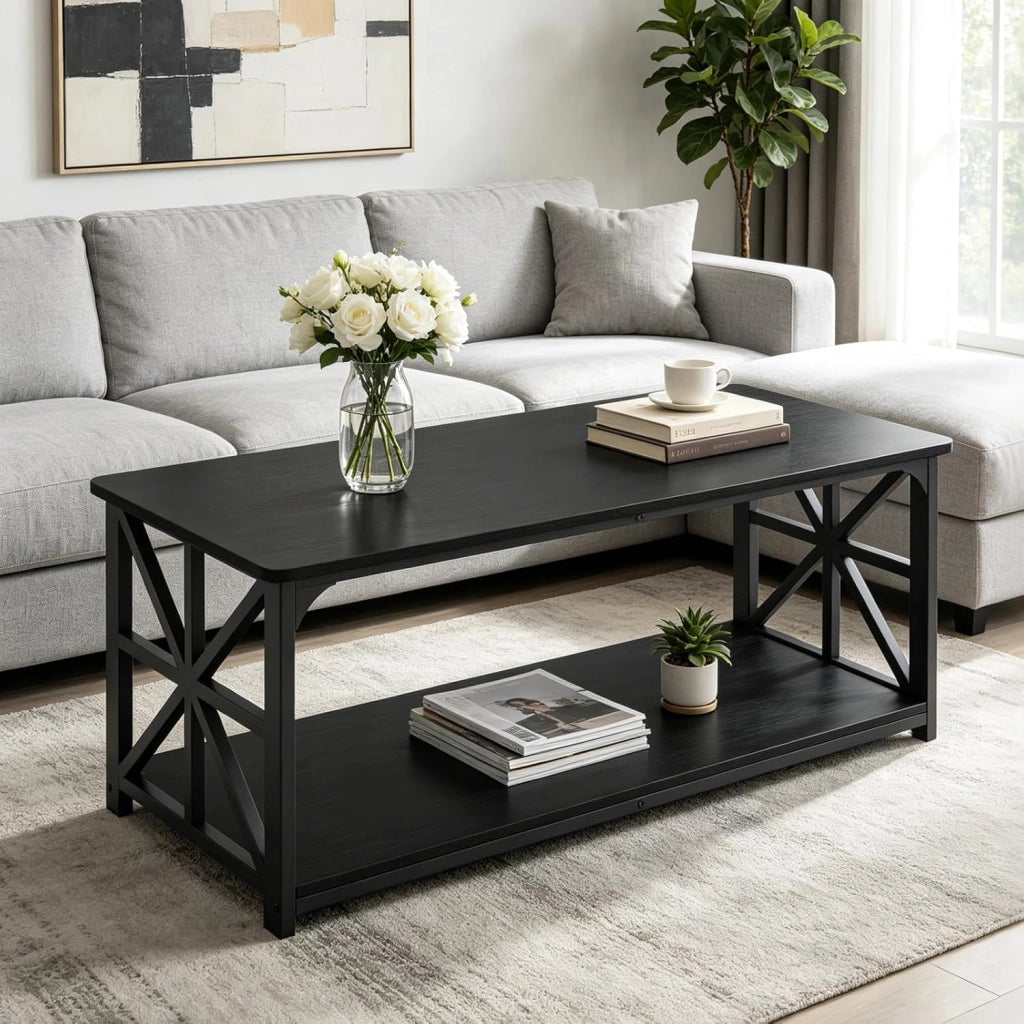 Tavolino Salotto a 2 Ripiani, Tavolino da Caffè 109 X 50 X 48 CM, in Legno e Acciaio, con Barre Rinforzate, Carico 100 KG, Stile Moderno, Montaggio Facile, per Soggiorno (Nero)