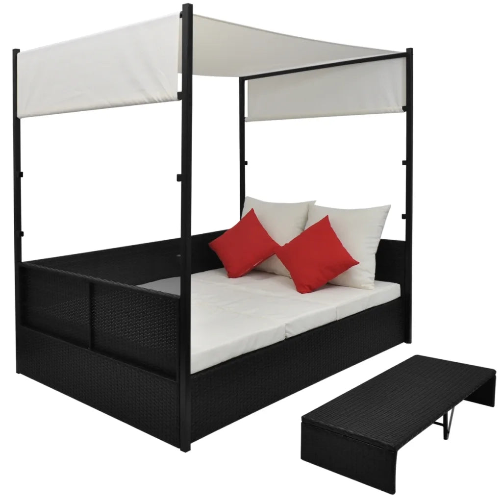 Lettino da Giardino con Tetto Nero 190x130 cm in Polyrattan 42901