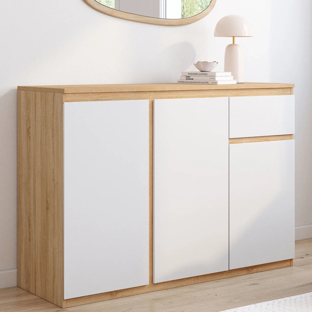 IDMarket - Credenza TOMI 100 cm con 3 ante e 1 cassetto, bianco e legno