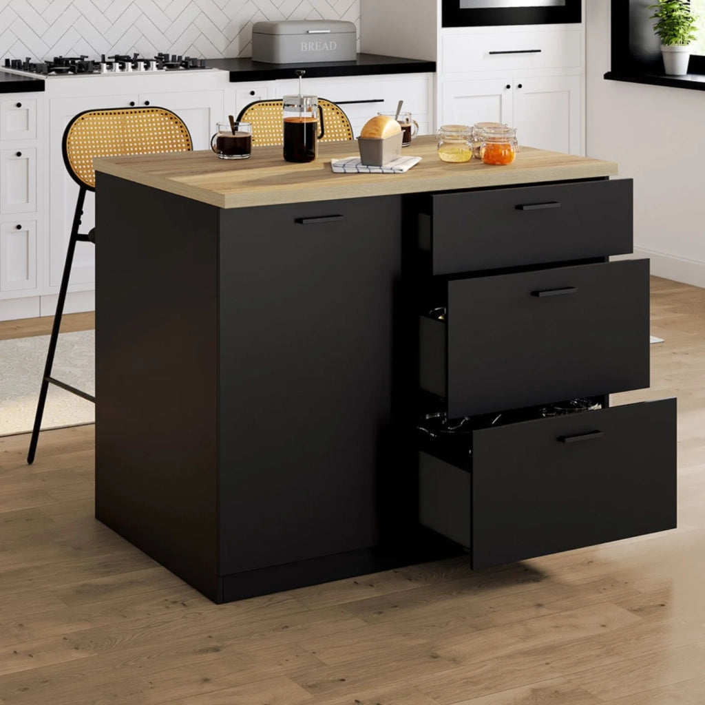 IDMarket - Isola centrale TIBO 110 cm con 3 cassetti in legno nero e piano di lavoro effetto faggio